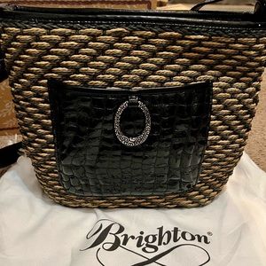 New w/out tags. Brighton Jute Weave Leather Black & Tan Woven Handbag
